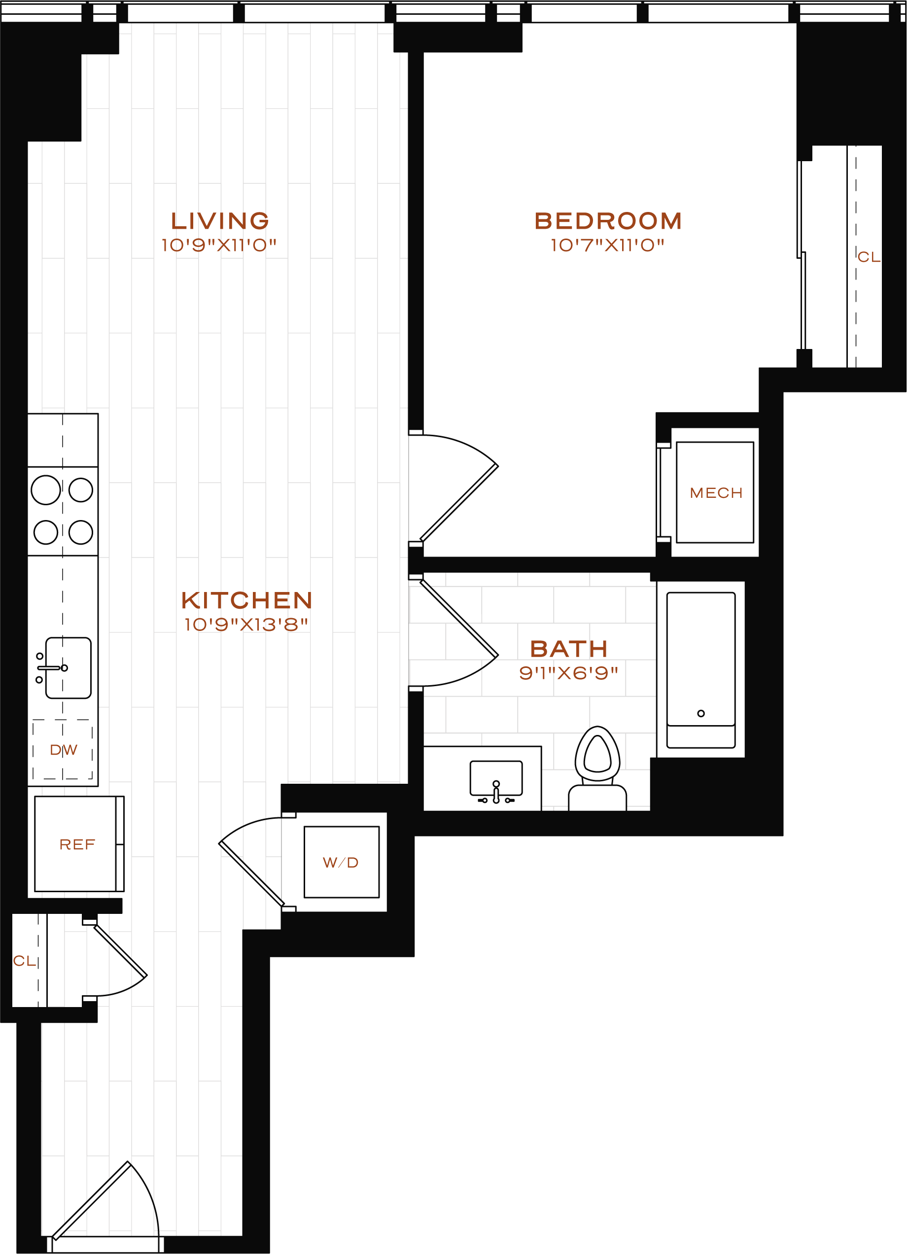 Rendering of the 1 Bed-1 Bath Floor Plan